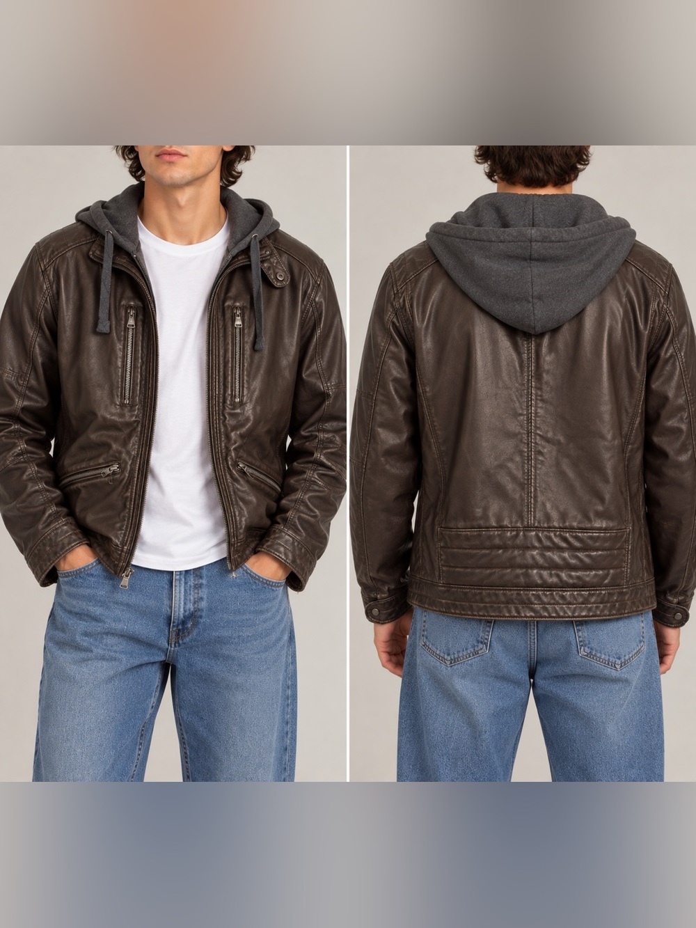 Men's Dark Brown Faux Leather Hooded Jacket with Gray Hood